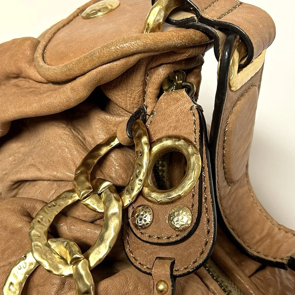 Vtg Y2k Juicy Couture Brown Leather Bag Slouchy Hobo Chunky Gold Chain Boho
